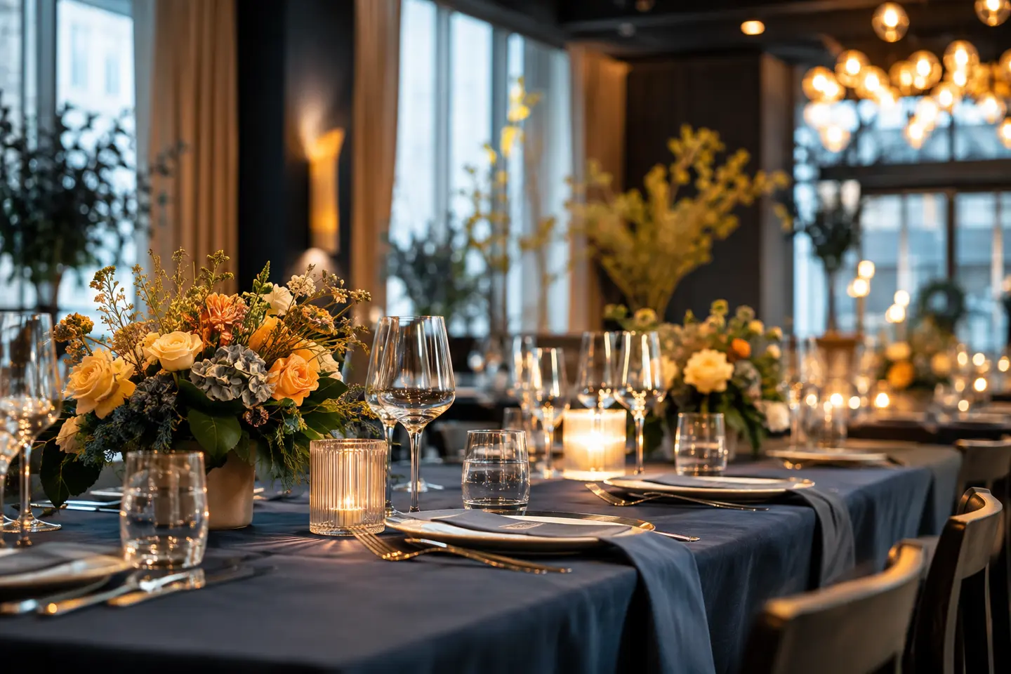 An elegant gala table prepared in warm evening light