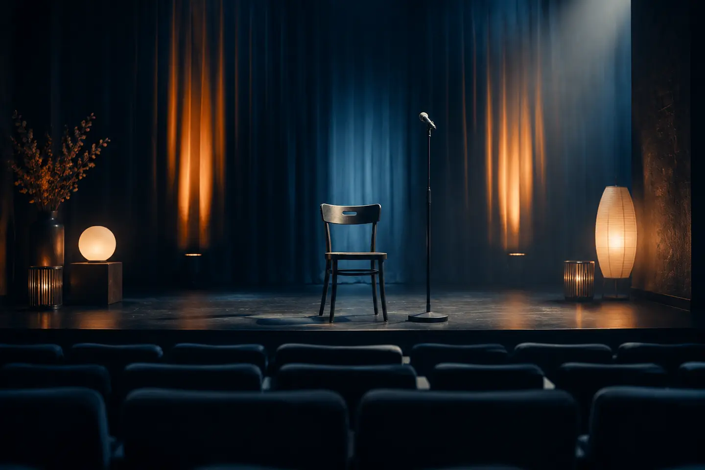 An intimate stage prepared with a chair and microphone