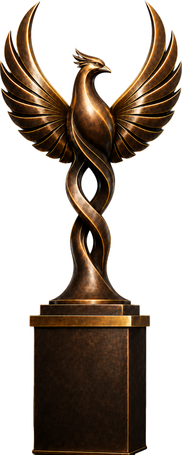 A bronze phoenix trophy with upswept wings and a double-helix stem on a rectangular pedestal