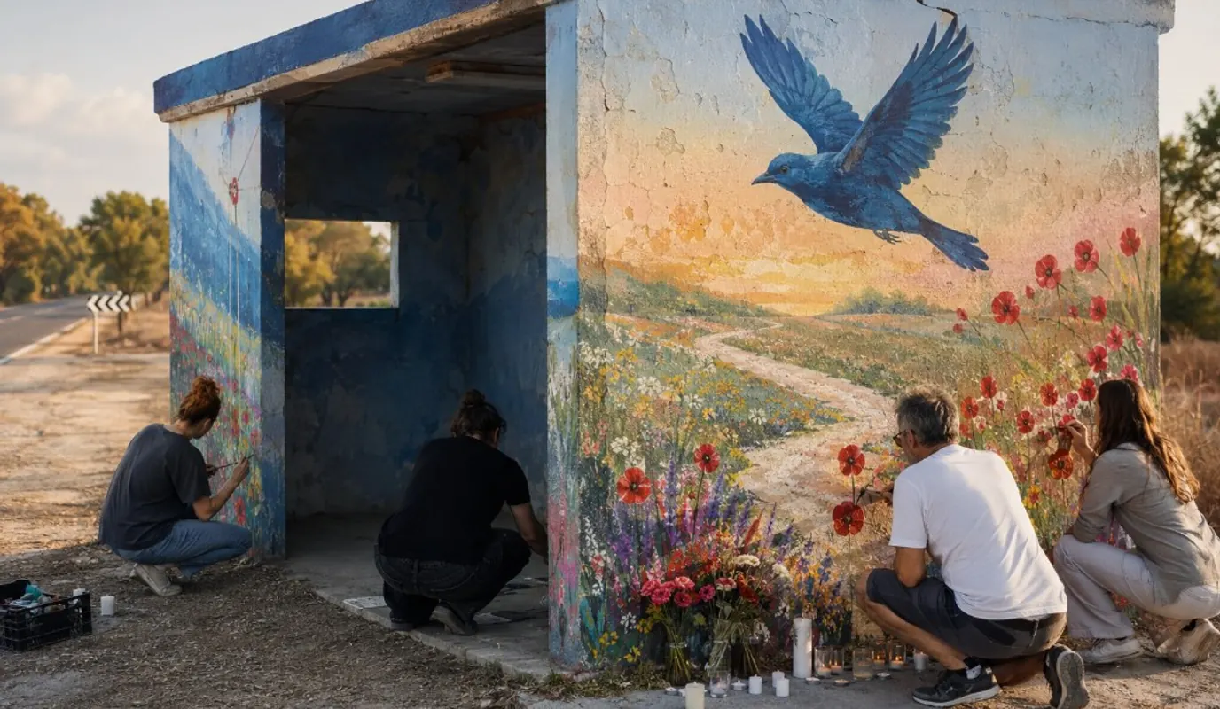Neighbours painting a mural of a blue bird and wildflowers on a roadside shelter
