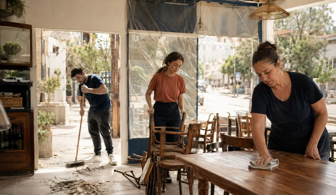 Owners sweeping debris and wiping tables in a cafe while plastic sheeting covers broken windows