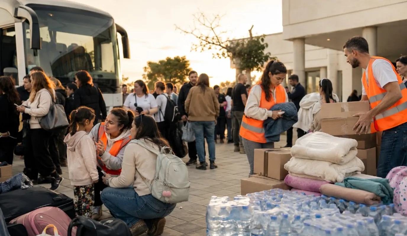 Aid workers in orange vests handing water and blankets to evacuees beside a bus at dusk
