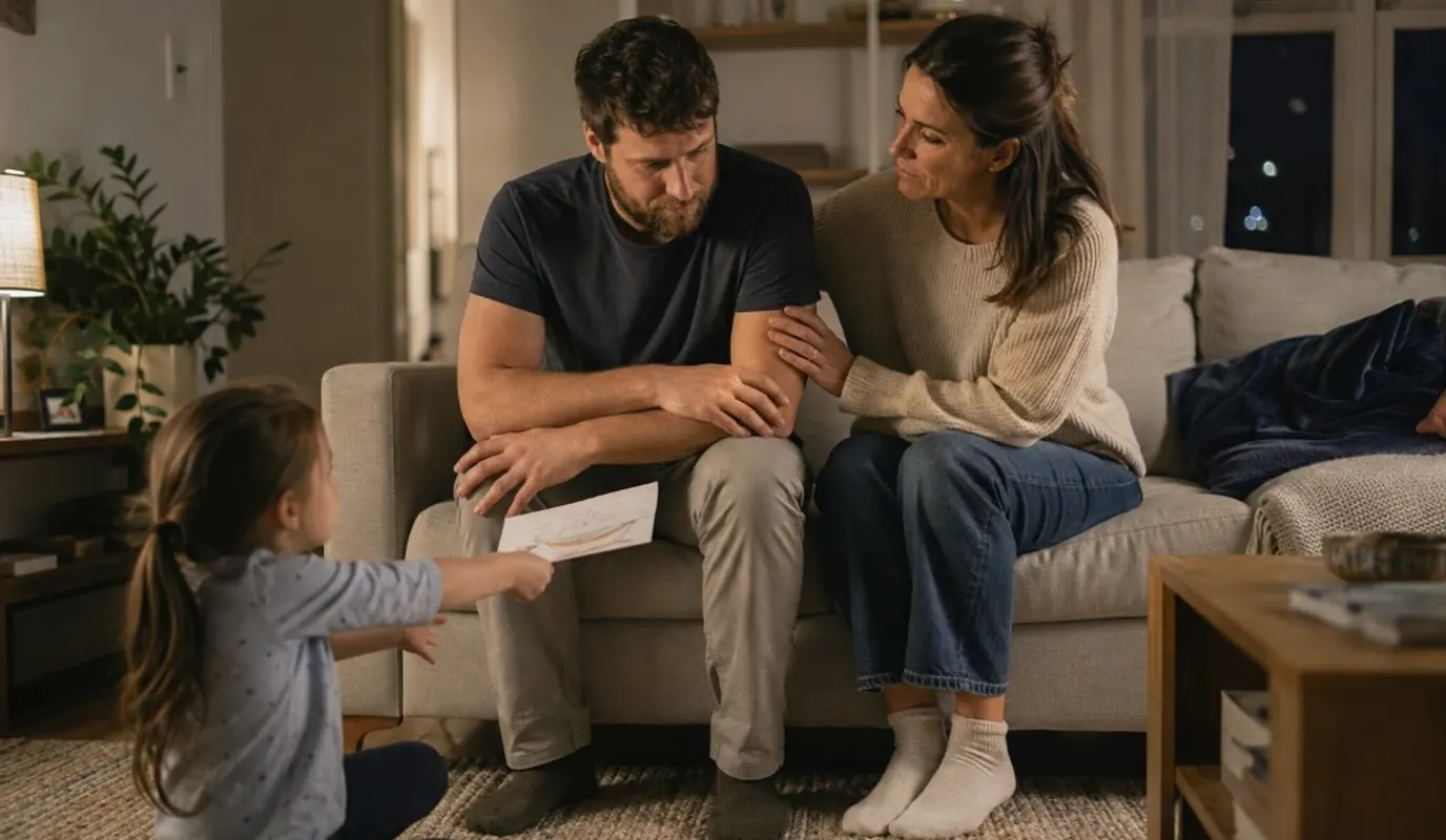 A child offers a drawing to her father on the sofa while her mother rests a hand on his arm