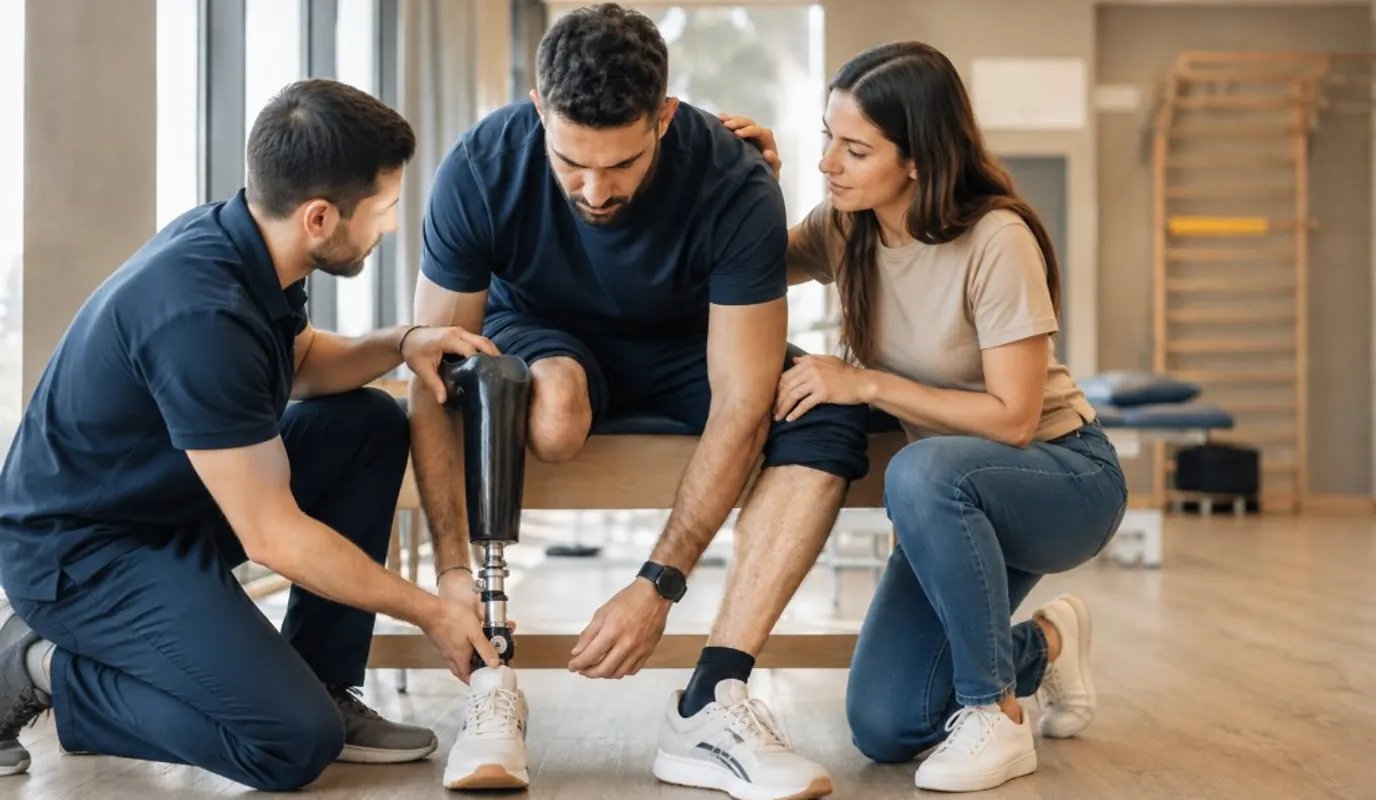 A therapist fitting a prosthetic leg while a loved one kneels beside the patient in a rehab gym