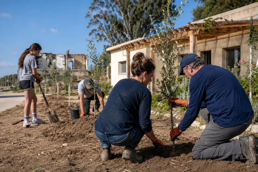 Neighbours planting young olive trees in fresh soil beside a rebuilt home and a ruined one